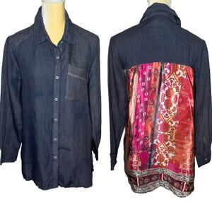 Kyla Seo Linen Button Down Shirt Tunic Top Floral Panel on Back Size Small